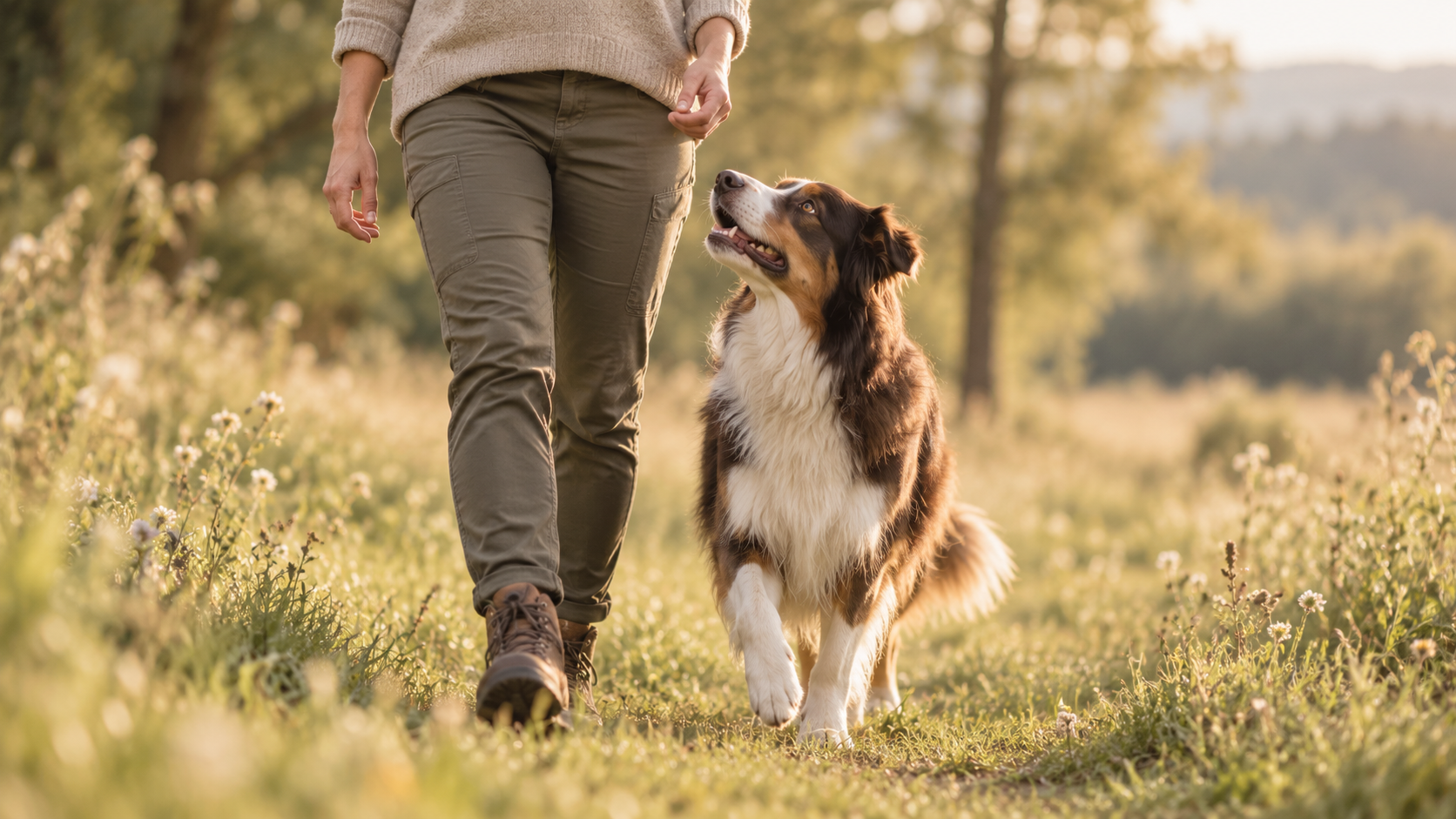 Hundetraining in Seevetal: Australian Shepherd läuft entspannt neben seinem Menschen